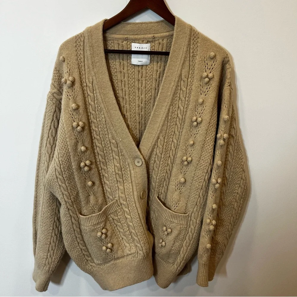 Sandro Ingrid Pom-Pom Cardigan MEDIUM Tan Cable-knit Sweater Pockets VGC - Picture 2 of 14